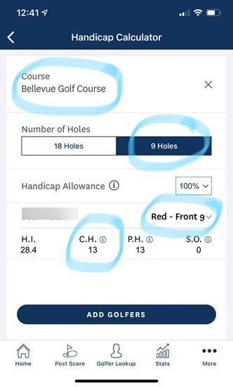 Screen shot of the GHIN App. It shows the Handicap Calculator screen.